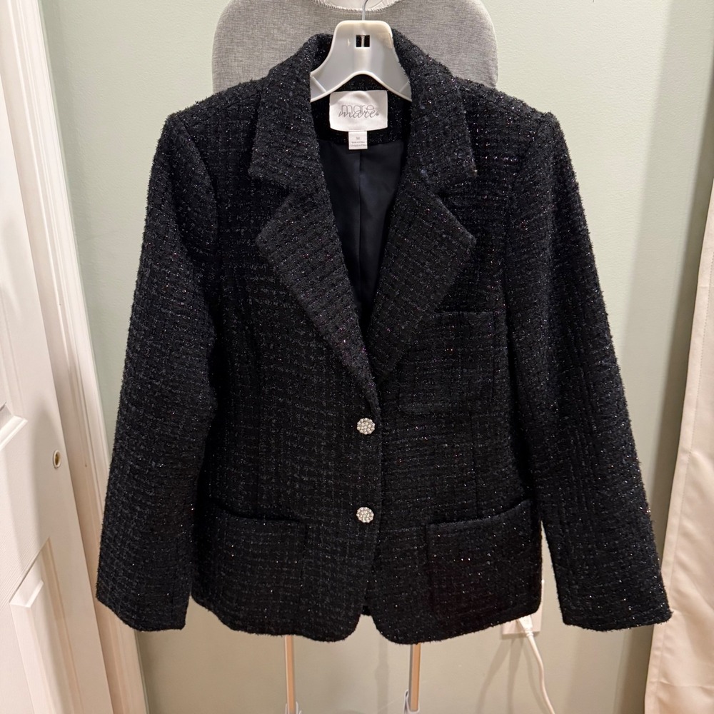 Mare Mare Anthropologie Sparkle Tweed Blazer M Black Rhinestone Chanelcore